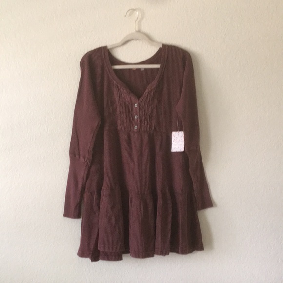 Free People Jolene Mini Dress FP One Babydoll Thermal Oversized Wine - Picture 11 of 15